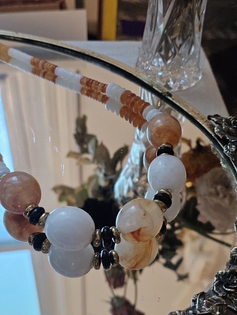 White and Amber Beaded Boho Women's Necklace